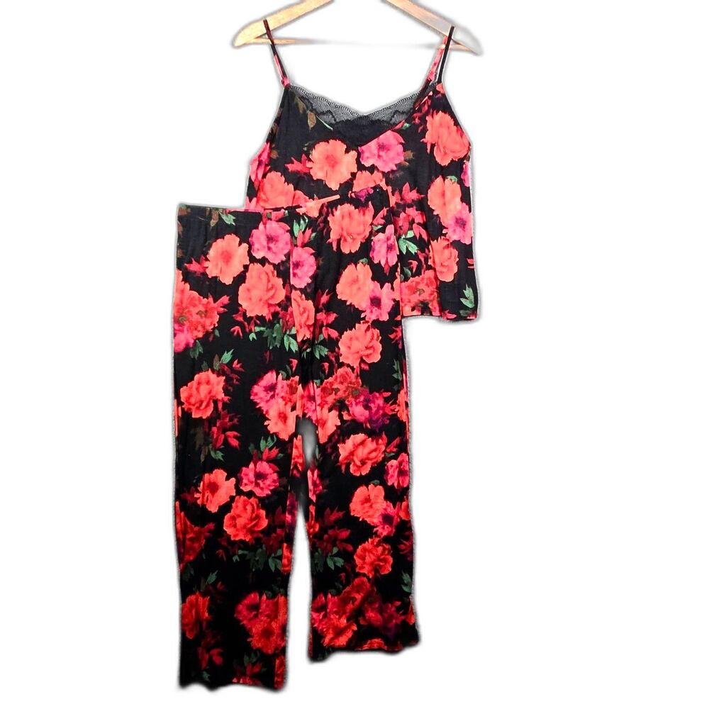Sofia Intimates Pajama Set Black Red Floral Lace Large Cozy Stretch